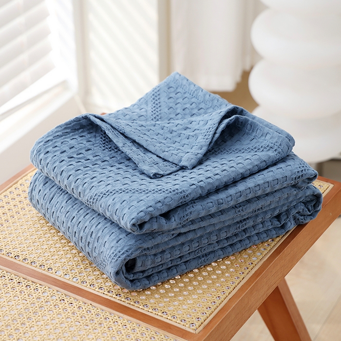 朴尔家纺-毛巾被 2026新款全棉纯棉摩拉山峦风立体透气蜂窝华夫格纱布毛巾被-朴尔经典款常年备货 波浪华夫格-深蓝