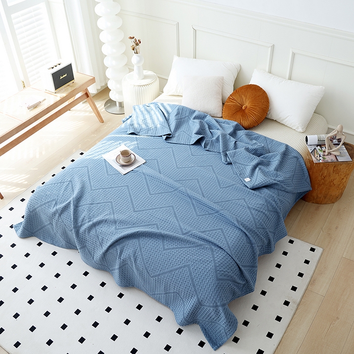 91家纺网 家纺一手货源 找家纺 朴尔家纺-毛巾被 2026新款全棉纯棉摩拉山峦风立体透气蜂窝华夫格纱布毛巾被-朴尔经典款常年备货 波浪华夫格-深蓝