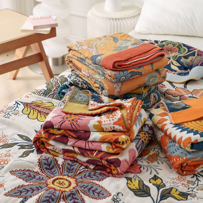 91家纺网 家纺一手货源 找家纺 朴尔家纺-毛巾被 2026新款彩棉国潮风全棉纯棉四层纱布毛巾被枕巾浴巾四件套-朴尔经典款常年备货 组合图仅供展示