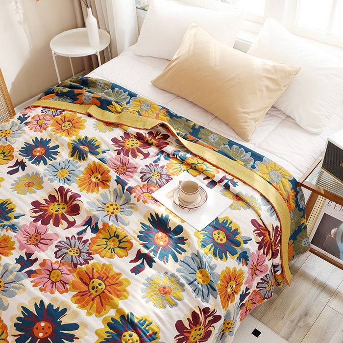 91家纺网 家纺一手货源 找家纺 朴尔家纺-毛巾被 2026新款彩棉国潮风全棉纯棉四层纱布毛巾被枕巾浴巾四件套-朴尔经典款常年备货 繁花朵朵