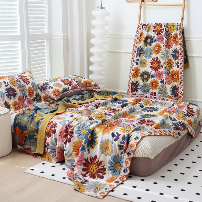 91家纺网 家纺一手货源 找家纺 朴尔家纺-毛巾被 2026新款彩棉国潮风全棉纯棉四层纱布毛巾被枕巾浴巾四件套-朴尔经典款常年备货 繁花朵朵