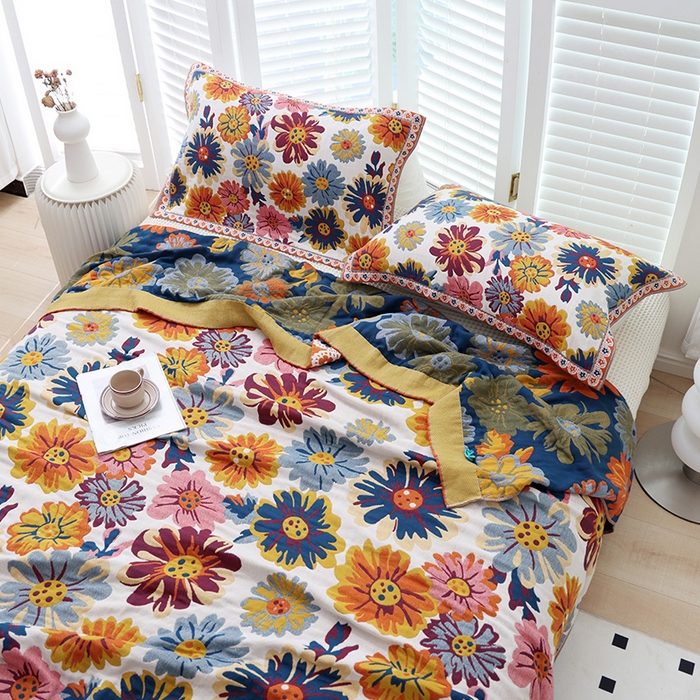 91家纺网 家纺一手货源 找家纺 朴尔家纺-毛巾被 2026新款彩棉国潮风全棉纯棉四层纱布毛巾被枕巾浴巾四件套-朴尔经典款常年备货 繁花朵朵