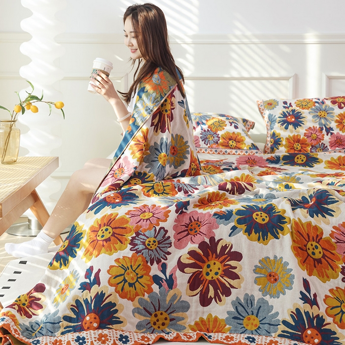 91家纺网 家纺一手货源 找家纺 朴尔家纺-毛巾被 2026新款彩棉国潮风全棉纯棉四层纱布毛巾被枕巾浴巾四件套-朴尔经典款常年备货 繁花朵朵