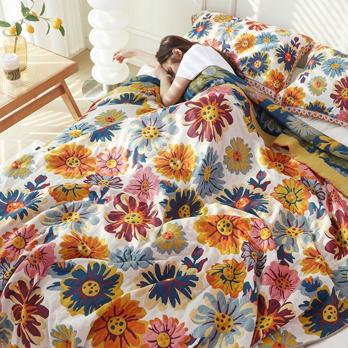 91家纺网 家纺一手货源 找家纺 朴尔家纺-毛巾被 2026新款彩棉国潮风全棉纯棉四层纱布毛巾被枕巾浴巾四件套-朴尔经典款常年备货 繁花朵朵