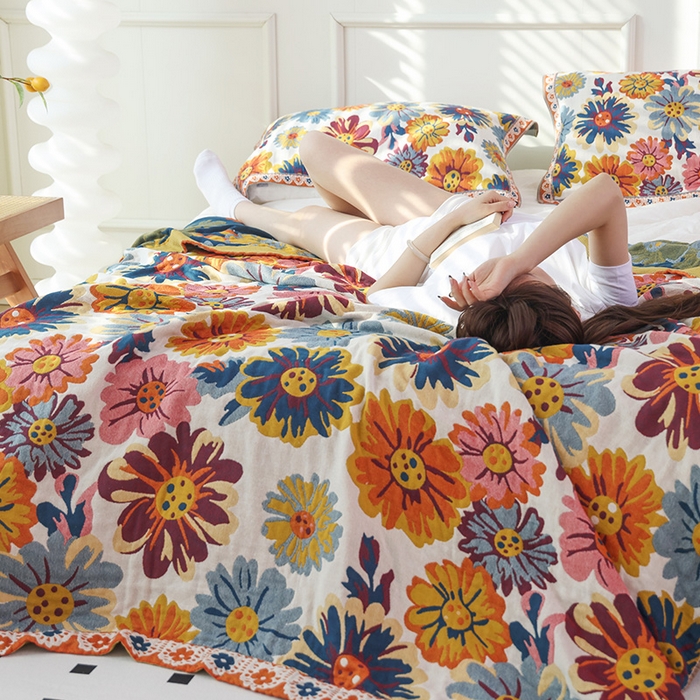 91家纺网 家纺一手货源 找家纺 朴尔家纺-毛巾被 2026新款彩棉国潮风全棉纯棉四层纱布毛巾被枕巾浴巾四件套-朴尔经典款常年备货 繁花朵朵