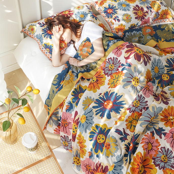 91家纺网 家纺一手货源 找家纺 朴尔家纺-毛巾被 2026新款彩棉国潮风全棉纯棉四层纱布毛巾被枕巾浴巾四件套-朴尔经典款常年备货 繁花朵朵