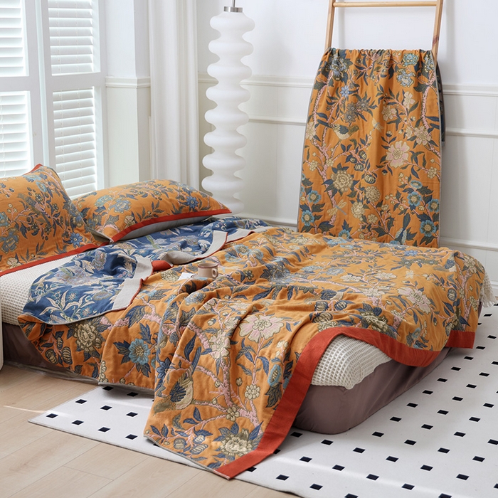 91家纺网 家纺一手货源 找家纺 朴尔家纺-毛巾被 2026新款彩棉国潮风全棉纯棉四层纱布毛巾被枕巾浴巾四件套-朴尔经典款常年备货 花间物语-橘