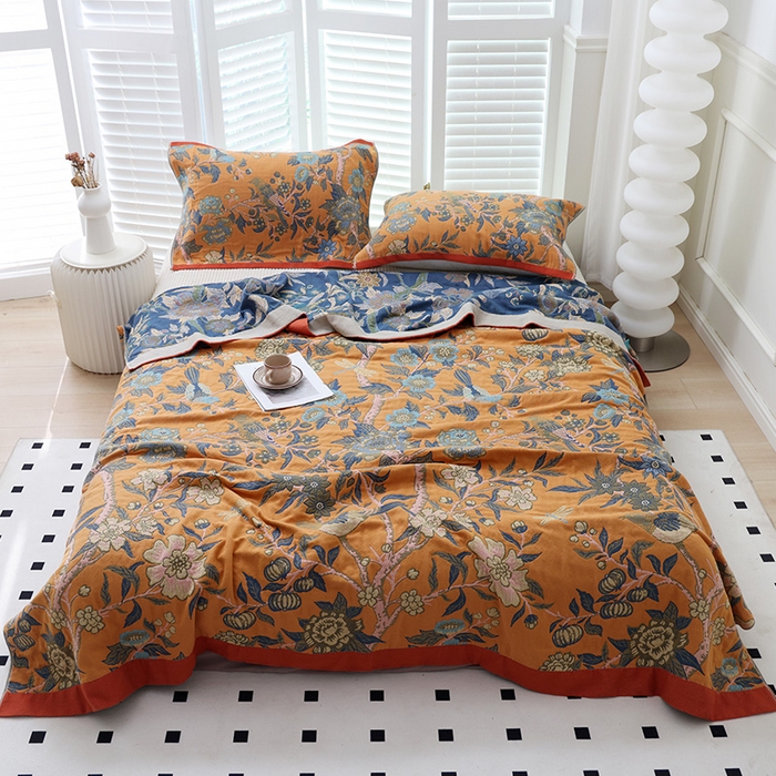 91家纺网 家纺一手货源 找家纺 朴尔家纺-毛巾被 2026新款彩棉国潮风全棉纯棉四层纱布毛巾被枕巾浴巾四件套-朴尔经典款常年备货 花间物语-橘