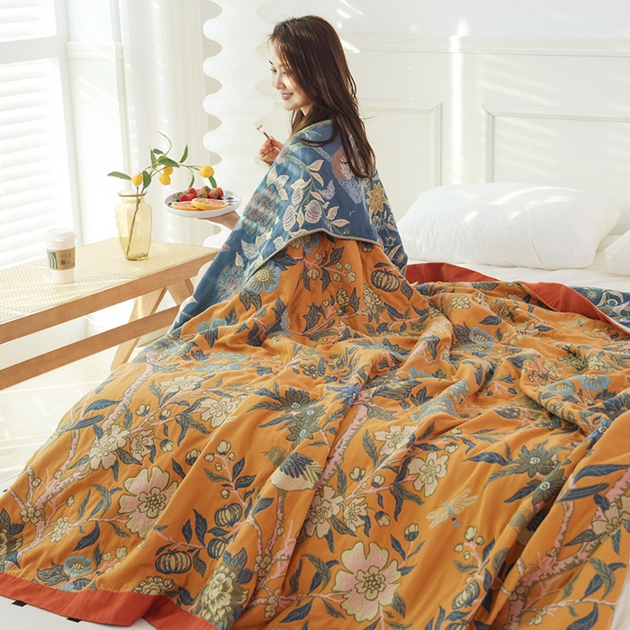 91家纺网 家纺一手货源 找家纺 朴尔家纺-毛巾被 2026新款彩棉国潮风全棉纯棉四层纱布毛巾被枕巾浴巾四件套-朴尔经典款常年备货 花间物语-橘