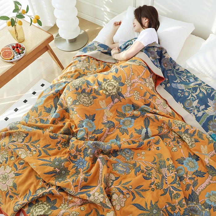 91家纺网 家纺一手货源 找家纺 朴尔家纺-毛巾被 2026新款彩棉国潮风全棉纯棉四层纱布毛巾被枕巾浴巾四件套-朴尔经典款常年备货 花间物语-橘