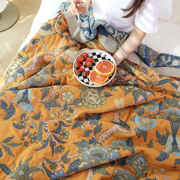 91家纺网 家纺一手货源 找家纺 朴尔家纺-毛巾被 2026新款彩棉国潮风全棉纯棉四层纱布毛巾被枕巾浴巾四件套-朴尔经典款常年备货 花间物语-橘