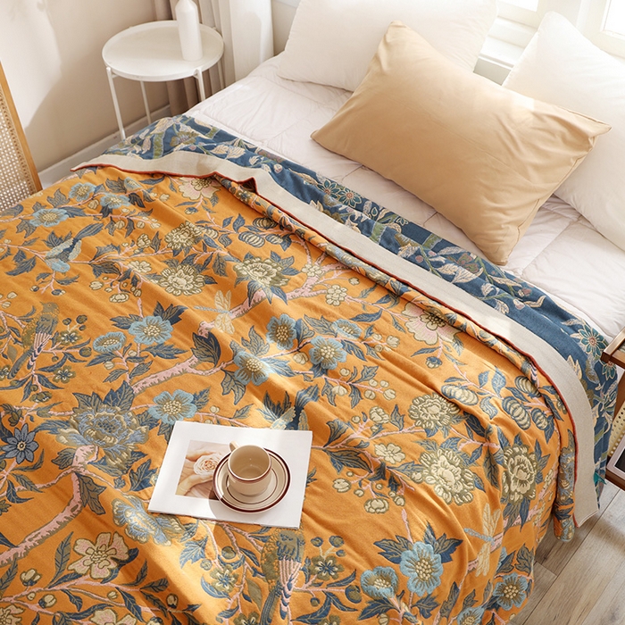 91家纺网 家纺一手货源 找家纺 朴尔家纺-毛巾被 2026新款彩棉国潮风全棉纯棉四层纱布毛巾被枕巾浴巾四件套-朴尔经典款常年备货 花间物语-橘