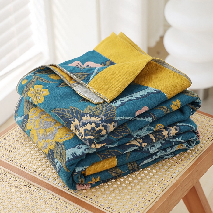 朴尔家纺-毛巾被 2026新款彩棉国潮风全棉纯棉四层纱布毛巾被枕巾浴巾四件套-朴尔经典款常年备货 花间物语-蓝