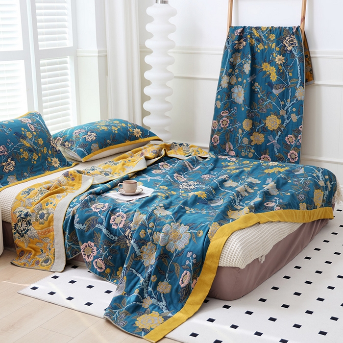 91家纺网 家纺一手货源 找家纺 朴尔家纺-毛巾被 2026新款彩棉国潮风全棉纯棉四层纱布毛巾被枕巾浴巾四件套-朴尔经典款常年备货 花间物语-蓝