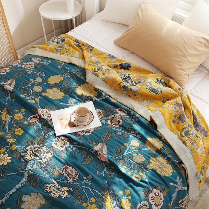 91家纺网 家纺一手货源 找家纺 朴尔家纺-毛巾被 2026新款彩棉国潮风全棉纯棉四层纱布毛巾被枕巾浴巾四件套-朴尔经典款常年备货 花间物语-蓝