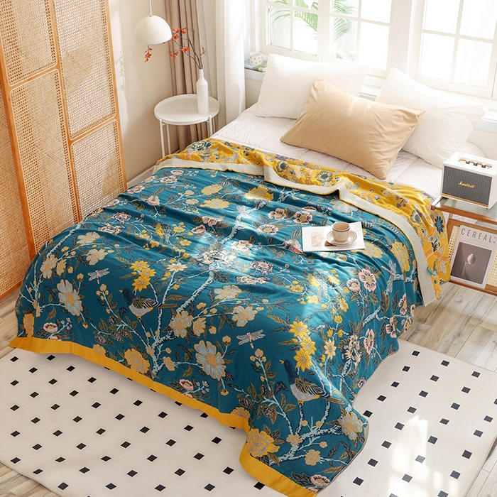 91家纺网 家纺一手货源 找家纺 朴尔家纺-毛巾被 2026新款彩棉国潮风全棉纯棉四层纱布毛巾被枕巾浴巾四件套-朴尔经典款常年备货 花间物语-蓝