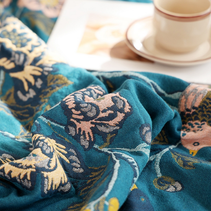 91家纺网 家纺一手货源 找家纺 朴尔家纺-毛巾被 2026新款彩棉国潮风全棉纯棉四层纱布毛巾被枕巾浴巾四件套-朴尔经典款常年备货 花间物语-蓝