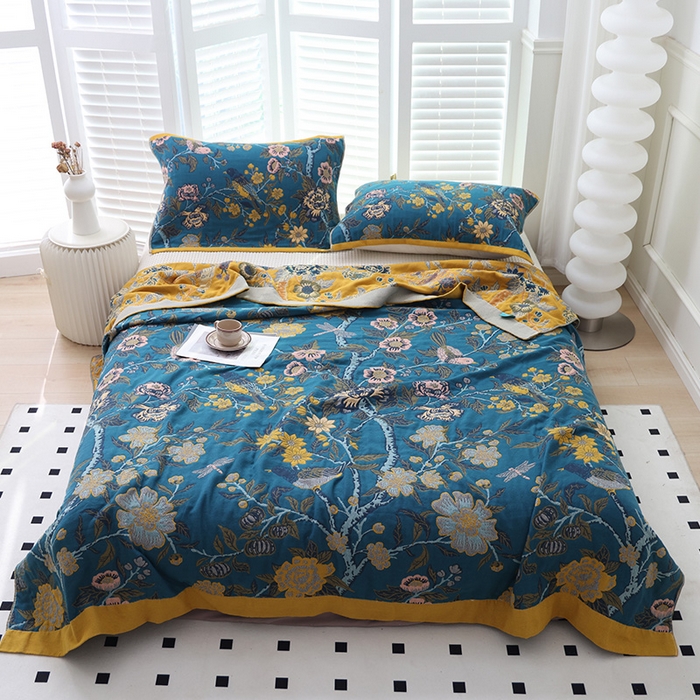 91家纺网 家纺一手货源 找家纺 朴尔家纺-毛巾被 2026新款彩棉国潮风全棉纯棉四层纱布毛巾被枕巾浴巾四件套-朴尔经典款常年备货 花间物语-蓝