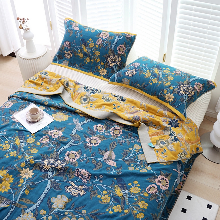 91家纺网 家纺一手货源 找家纺 朴尔家纺-毛巾被 2026新款彩棉国潮风全棉纯棉四层纱布毛巾被枕巾浴巾四件套-朴尔经典款常年备货 花间物语-蓝