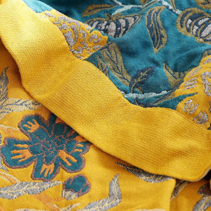 91家纺网 家纺一手货源 找家纺 朴尔家纺-毛巾被 2026新款彩棉国潮风全棉纯棉四层纱布毛巾被枕巾浴巾四件套-朴尔经典款常年备货 花间物语-蓝