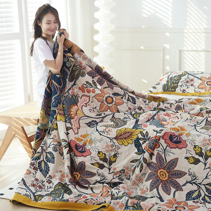 91家纺网 家纺一手货源 找家纺 朴尔家纺-毛巾被 2026新款彩棉国潮风全棉纯棉四层纱布毛巾被枕巾浴巾四件套-朴尔经典款常年备货 花田印象