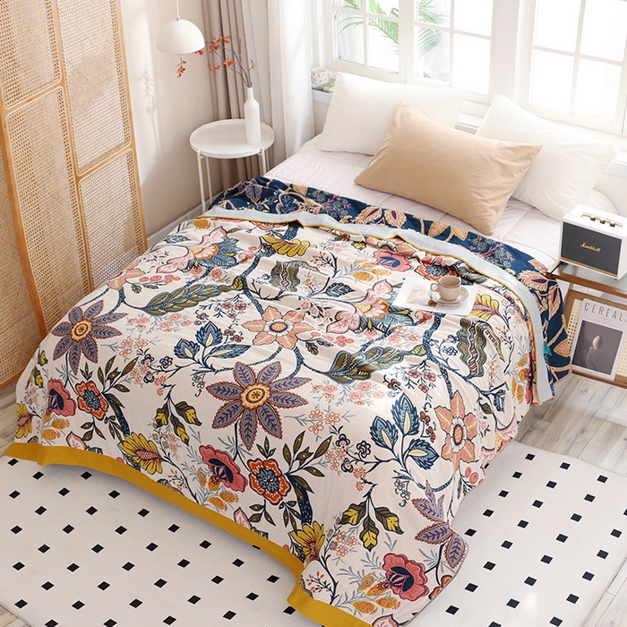 91家纺网 家纺一手货源 找家纺 朴尔家纺-毛巾被 2026新款彩棉国潮风全棉纯棉四层纱布毛巾被枕巾浴巾四件套-朴尔经典款常年备货 花田印象