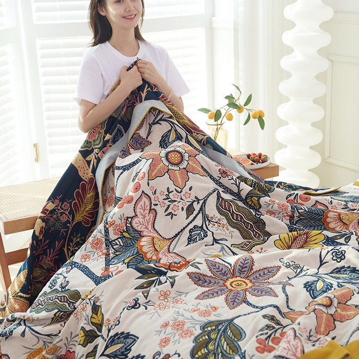 91家纺网 家纺一手货源 找家纺 朴尔家纺-毛巾被 2026新款彩棉国潮风全棉纯棉四层纱布毛巾被枕巾浴巾四件套-朴尔经典款常年备货 花田印象