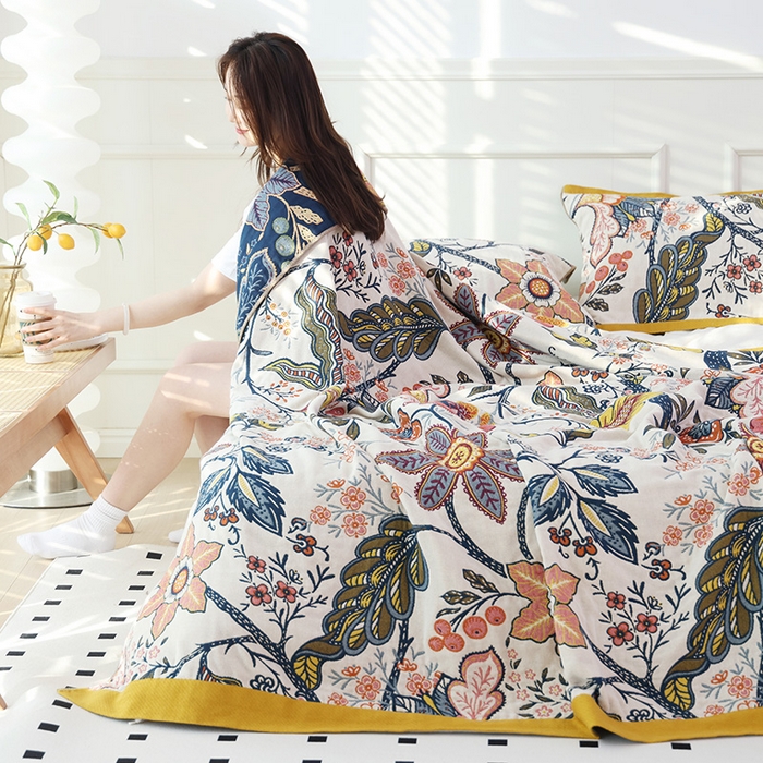 91家纺网 家纺一手货源 找家纺 朴尔家纺-毛巾被 2026新款彩棉国潮风全棉纯棉四层纱布毛巾被枕巾浴巾四件套-朴尔经典款常年备货 花田印象