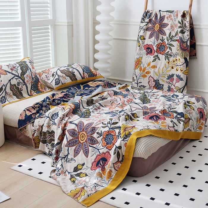 91家纺网 家纺一手货源 找家纺 朴尔家纺-毛巾被 2026新款彩棉国潮风全棉纯棉四层纱布毛巾被枕巾浴巾四件套-朴尔经典款常年备货 花田印象