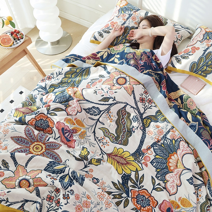 91家纺网 家纺一手货源 找家纺 朴尔家纺-毛巾被 2026新款彩棉国潮风全棉纯棉四层纱布毛巾被枕巾浴巾四件套-朴尔经典款常年备货 花田印象