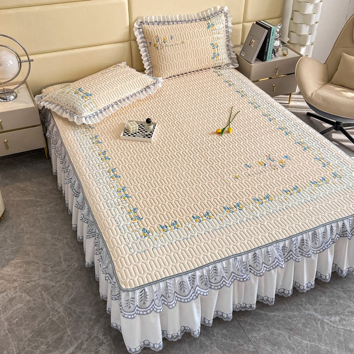 91家纺网 家纺一手货源 找家纺 麋兔 2025新款冰丝床裙乳胶凉席席子 米娅