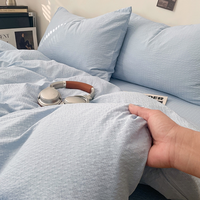 91家纺网 家纺一手货源 找家纺 彩韵家纺 2026新款软糯泡芙纱纯色四件套 泡芙-海盐浅蓝