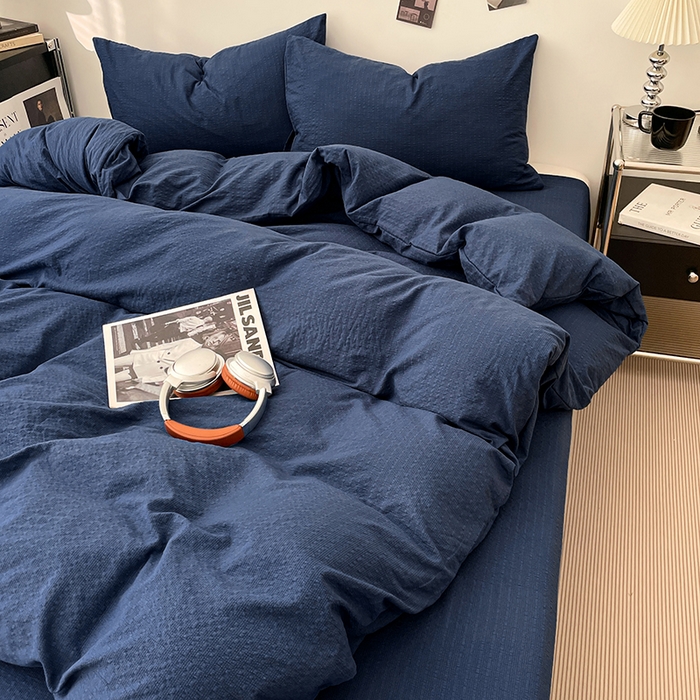 91家纺网 家纺一手货源 找家纺 彩韵家纺 2026新款软糯泡芙纱纯色四件套 泡芙-暮海脏蓝