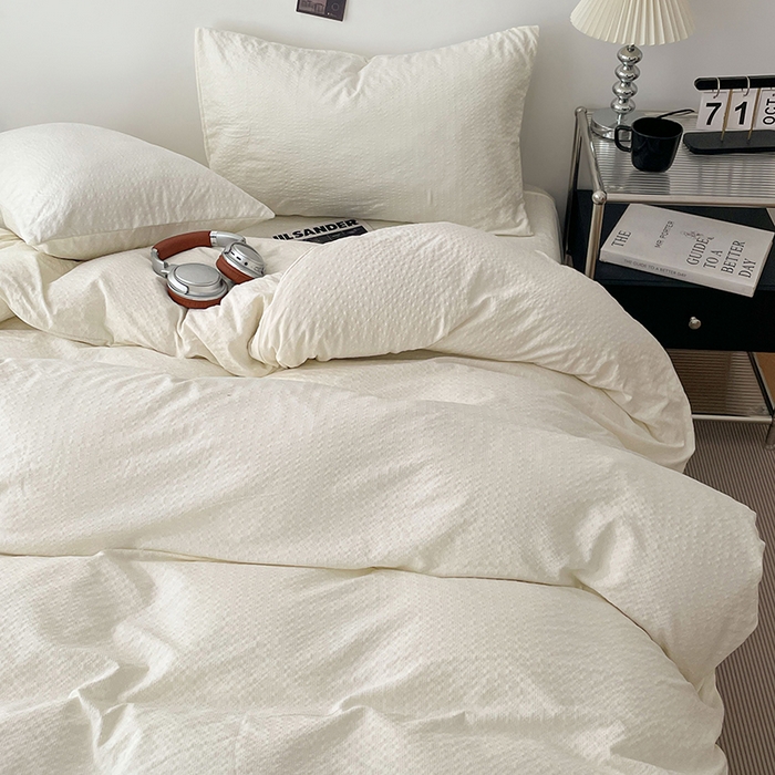 91家纺网 家纺一手货源 找家纺 彩韵家纺 2026新款软糯泡芙纱纯色四件套 泡芙-奶霜米白