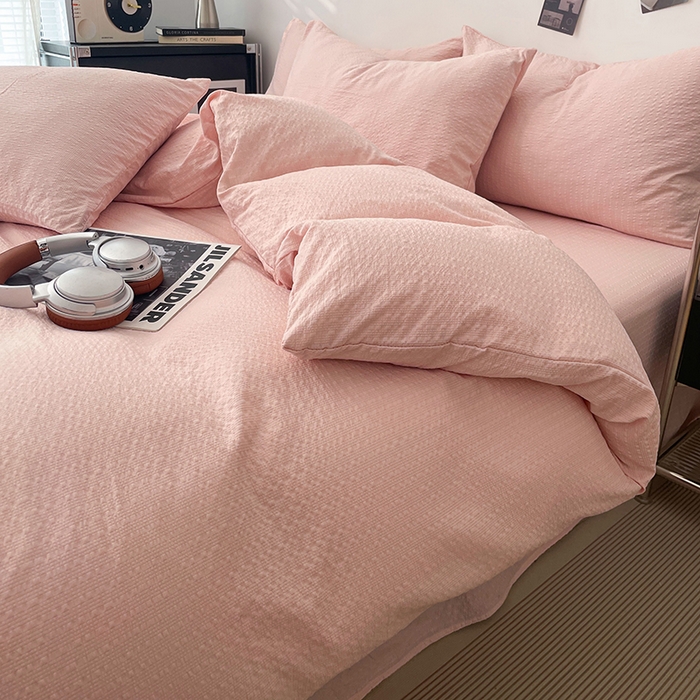 91家纺网 家纺一手货源 找家纺 彩韵家纺 2026新款软糯泡芙纱纯色四件套 泡芙-桃雾柔粉