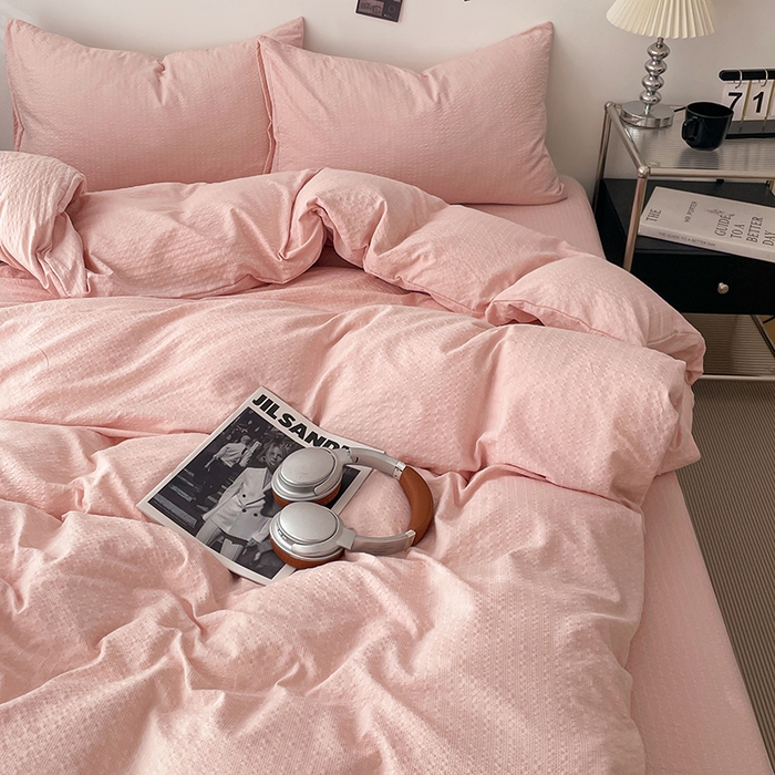 91家纺网 家纺一手货源 找家纺 彩韵家纺 2026新款软糯泡芙纱纯色四件套 泡芙-桃雾柔粉