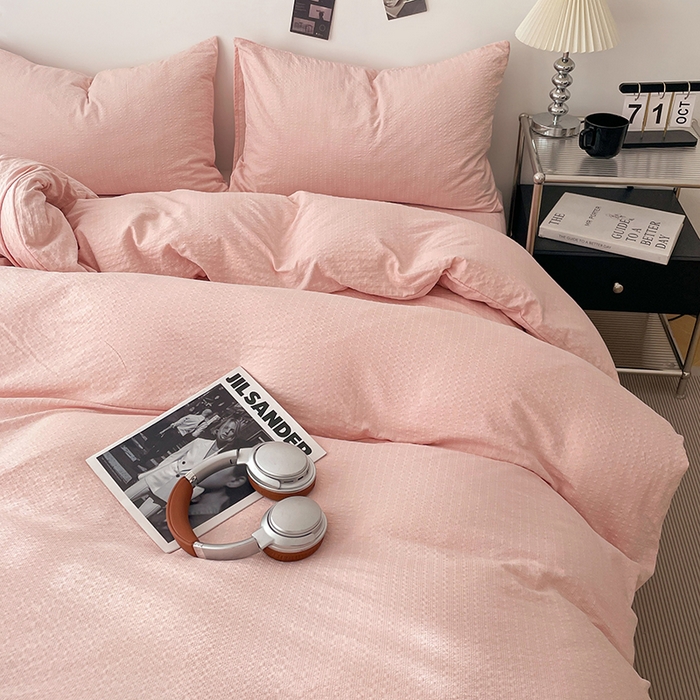 91家纺网 家纺一手货源 找家纺 彩韵家纺 2026新款软糯泡芙纱纯色四件套 泡芙-桃雾柔粉