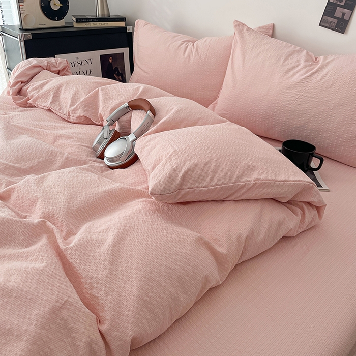 91家纺网 家纺一手货源 找家纺 彩韵家纺 2026新款软糯泡芙纱纯色四件套 泡芙-桃雾柔粉