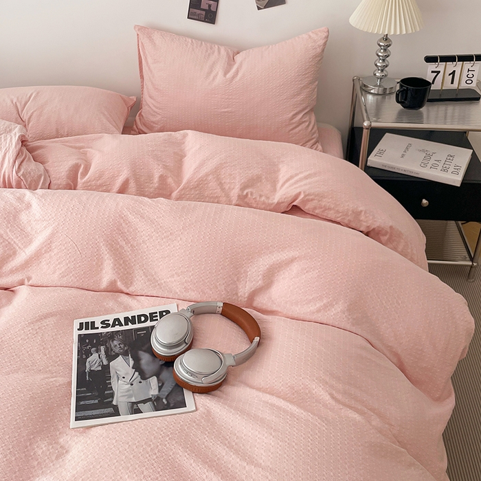 91家纺网 家纺一手货源 找家纺 彩韵家纺 2026新款软糯泡芙纱纯色四件套 泡芙-桃雾柔粉