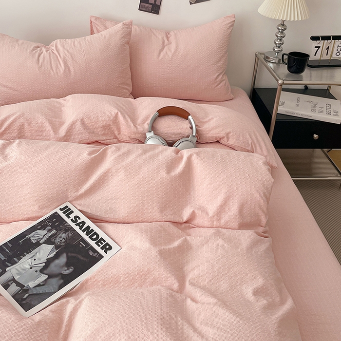 91家纺网 家纺一手货源 找家纺 彩韵家纺 2026新款软糯泡芙纱纯色四件套 泡芙-桃雾柔粉