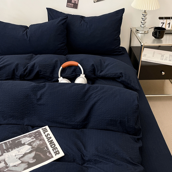 91家纺网 家纺一手货源 找家纺 彩韵家纺 2026新款软糯泡芙纱纯色四件套 泡芙-深海墨蓝