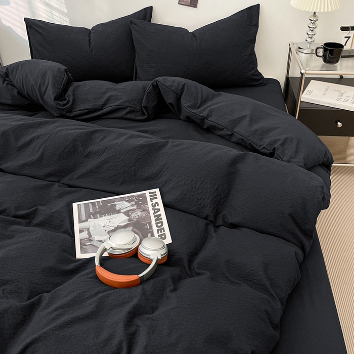 91家纺网 家纺一手货源 找家纺 彩韵家纺 2026新款软糯泡芙纱纯色四件套 泡芙-夜影墨黑