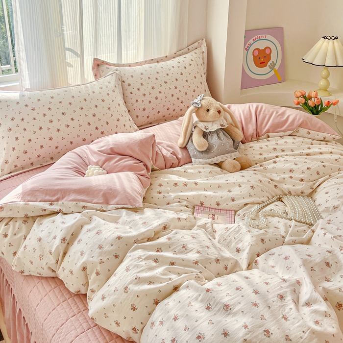 91家纺网 家纺一手货源 找家纺 尚美 2026新款简约印花床盖四件套 春芽-粉