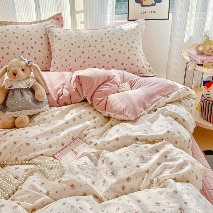 91家纺网 家纺一手货源 找家纺 尚美 2026新款简约印花床盖四件套 春芽-粉