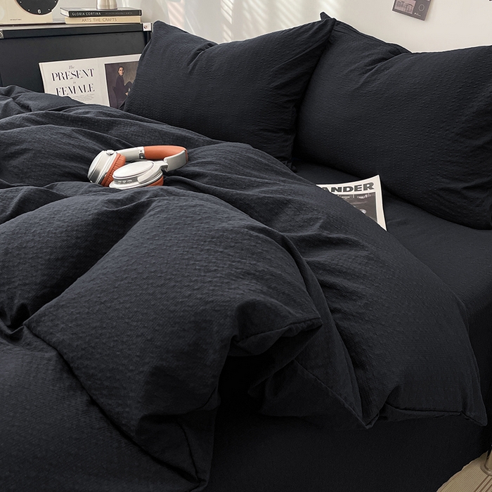 91家纺网 家纺一手货源 找家纺 彩韵家纺 2026新款软糯泡芙纱纯色四件套 泡芙-夜影墨黑