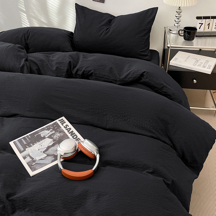 91家纺网 家纺一手货源 找家纺 彩韵家纺 2026新款软糯泡芙纱纯色四件套 泡芙-夜影墨黑