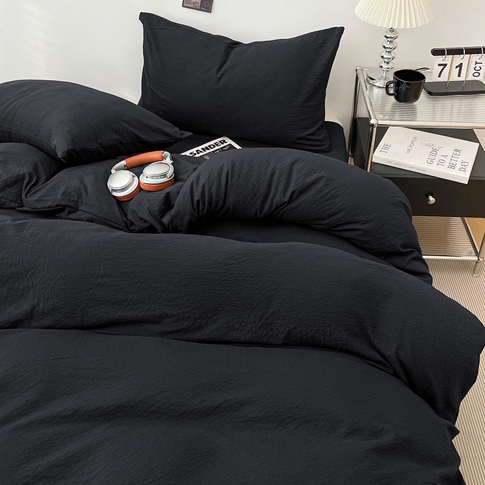 91家纺网 家纺一手货源 找家纺 彩韵家纺 2026新款软糯泡芙纱纯色四件套 泡芙-夜影墨黑