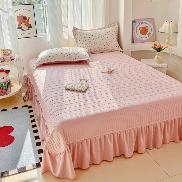 91家纺网 家纺一手货源 找家纺 尚美 2026新款简约印花床盖四件套 春芽-粉