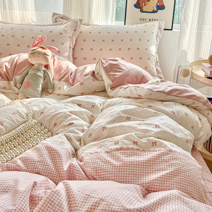 91家纺网 家纺一手货源 找家纺 尚美 2026新款简约印花床盖四件套 格间-粉