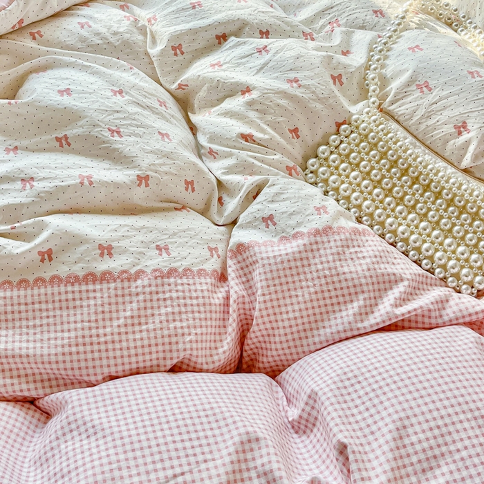 91家纺网 家纺一手货源 找家纺 尚美 2026新款简约印花床盖四件套 格间-粉